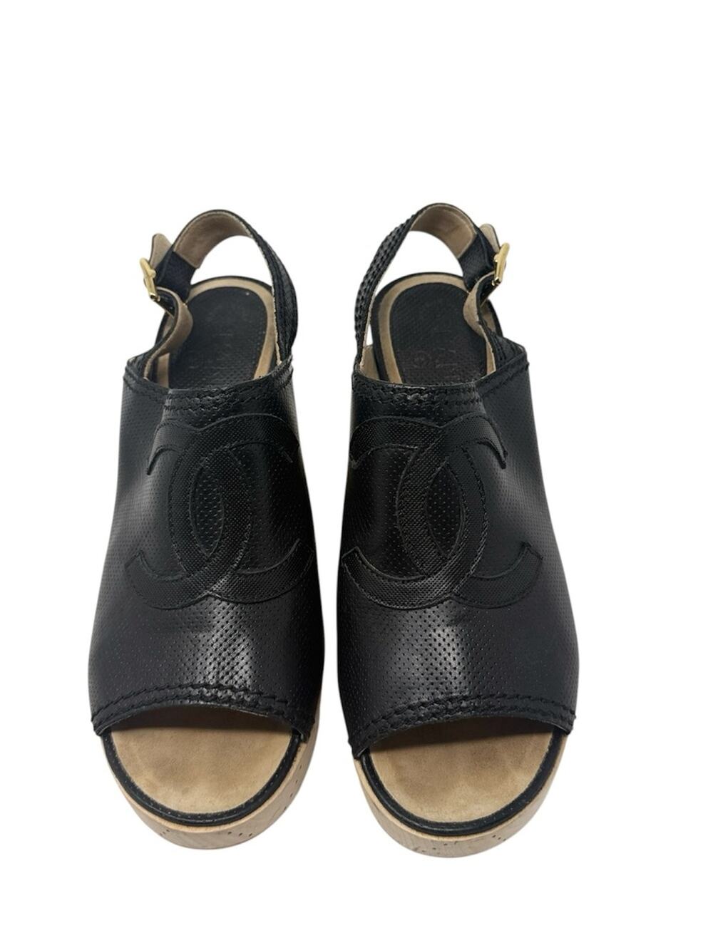 Chanel CC Logo Black Leather Slingback Platform Slingback Block Heel Clogs 39.5